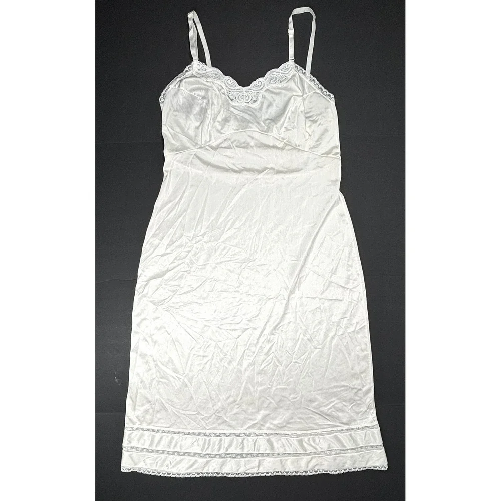 Vintage Adonna JCPenney White Nylon Lace Trim Full Slip 38 Dress Grunge 90s EUC‎